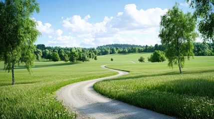 Serene winding path through lush green fields under a blue sky.