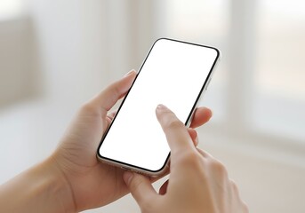 Woman hand holding using touch mobile phone white screen mockup Back view
