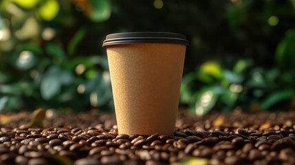 Craft cup with pattern on coffee beans background with leaves.. Generative AI.