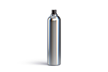 Aluminum aerosol bottle without lid, metal spray can of paint, empty cylinder silver container for deodorant or hairspray isolated on white background, packaging mockup closeup. Realistic 3d render