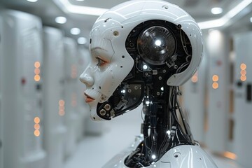 Advanced humanoid robot showcased in a modern technology exhibit at a futuristic venue in late afternoon light