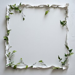 Naklejka premium Recycled Torn Paper Window Frame with Plant Leaves Creative Art Display Indoor Environment Minimalist Viewpoint