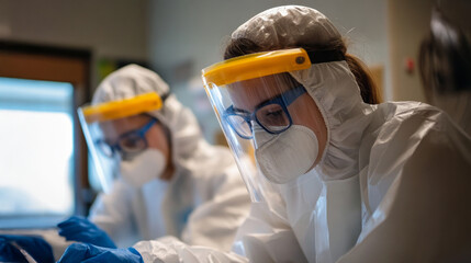 Protective gear worn by technicians while repairing a robot in a laboratory setting