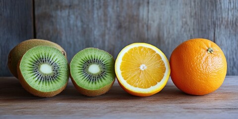 Arrangement of halved kiwi with vibrant green flesh and seeds alongside fresh orange halves and whole oranges on a rustic wooden surface