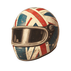 A digitally painted image showcases a vintage motorcycle helmet adorned with a weathered British flag design.
