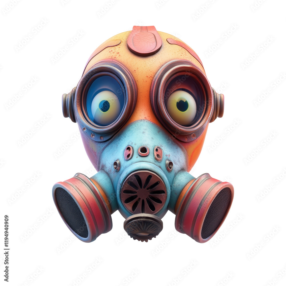 Poster A 3D rendered image of a stylized rusty gas mask with large expressive eyes, designed as a whimsical character.
