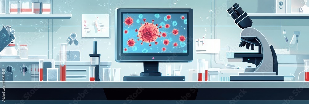 Poster modern laboratory equipped with advanced microscopes and bacteria visuals at the research center dur
