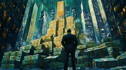 A businessman stands before a towering pile of cash, symbolizing immense business capital and financial power.