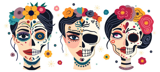 Vector bright set of sugar skulls. Catrina heads. Female faces on one side and skulls on another. Mexican Day of the Dead. Cinco de Mayo