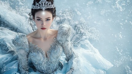 Elegant queen adorned in an intricate silver crown and a stunning gown in a magical winter setting with sparkling frost surrounding her