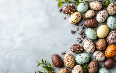 A vibrant assortment of chocolate eggs in various colors beautifully displayed on a table, capturing the essence of Easter celebrations.