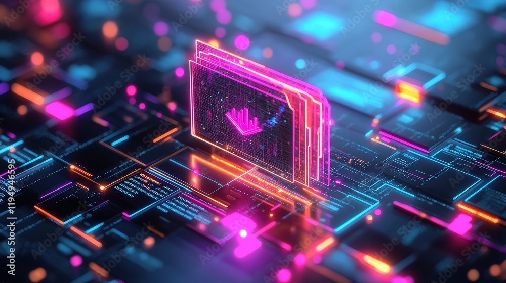 Poster futuristic digital document management system with neon elements and abstract data visualization on 