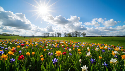 Obraz premium Iris field under the bright sun with blue sky and fluffy clouds