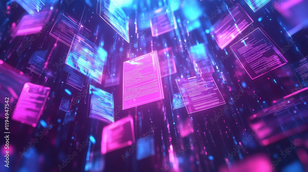 Poster digital document management system with abstract 3d visuals of floating papers and data in neon colo
