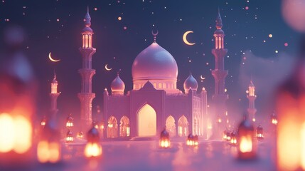 Serene Ramadan Night: Mosque Illuminated Under the Crescent Moon