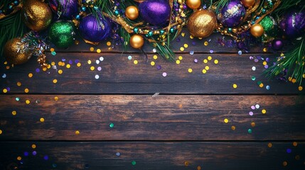 Festive ornaments, pine branches, and confetti on a rustic wooden background