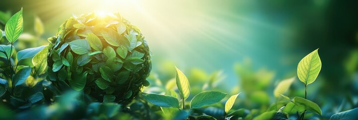 Globe made of leaves surrounded by green foliage under soft sunlight illustrating global environmental awareness and ecological conservation efforts