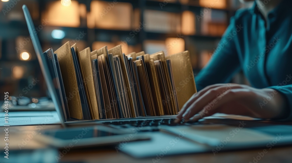 Poster digital document management system concept with laptop and organized folders on desk showing modern 