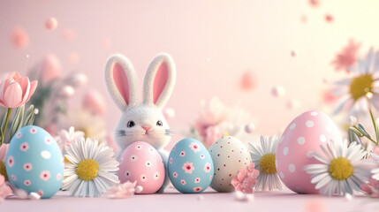 Easter Theme with Pink Background - Decorative Eggs, Bunny, and Daisies