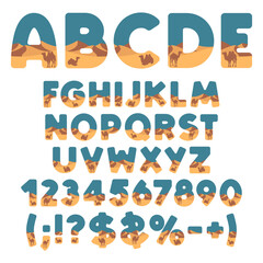 Alphabet, font with desert, dunes and camel. Isolated vector object on white background.