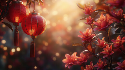 Obraz premium Festive red lanterns and blooming flowers create vibrant atmosphere, evoking joy and celebration. warm light enhances beauty of scene, perfect for festive occasions