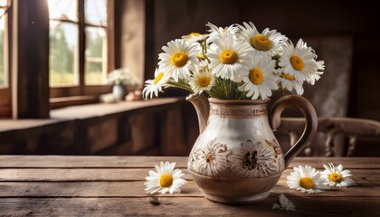 Antique ceramic jar, with a bouquet of daisies inside, on an old wooden table, in a vintage style...