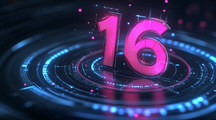 Number 16, Digits Sixteen in Futuristic Glowing Pink on Technology Background. 3D Illustration.