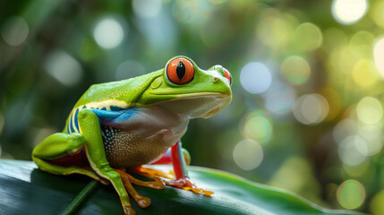 Naklejka premium Vibrant red-eyed tree frog perched on a leaf in a lush rainforest environment. Copy space