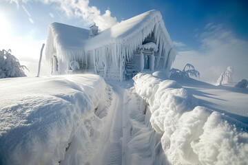 Snowed-In Cozy Home Amidst a Blizzard with Icy Winter Landscape and Frosted Surroundings, Perfect for Winter Scenes and Seasonal Imagery