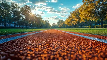Close-up of a wet, illuminated tartan track during a rainy night at a modern athletics stadium - Powered by Adobe