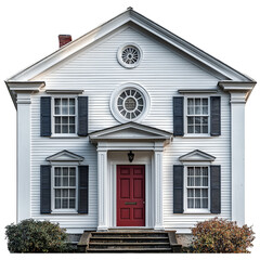 Obraz premium Classic White House with Red Door and Shutters Isolated on transparent background