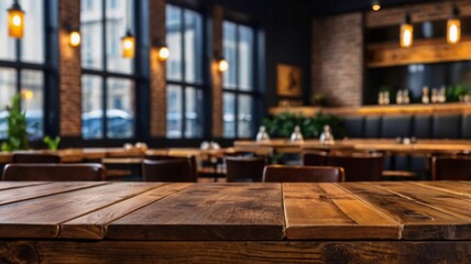 Empty wooden table in restaurant abstract bokeh background