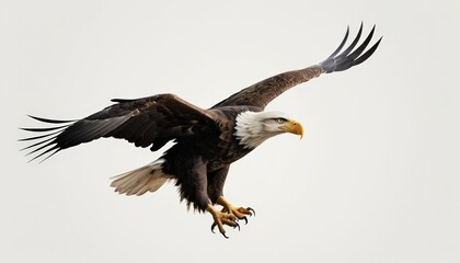 Obraz premium A majestic bald eagle captured in mid-flight, showcasing its powerful wings and keen gaze, soaring against a light background.