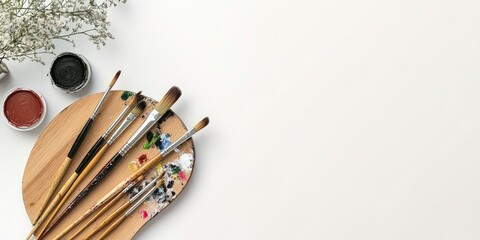 Wooden palette with various paints and brushes on a white desk with delicate floral accents on the left side for a creative workspace ambiance