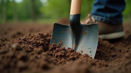 Gardening in springtime as a gardener uses a shovel to turn rich soil in a lush green backyard