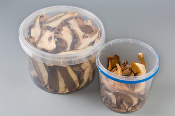 Dried boletus in two different plastic containers on gray background