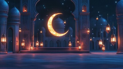 Obraz premium Ramadan Night: A Serene Digital Artwork of a Mosque under a Crescent Moon