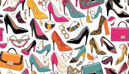 Obraz premium A vibrant collage of stylish high heels, bags, and accessories, showcasing a variety of colors and patterns, perfect for fashion lovers and designers