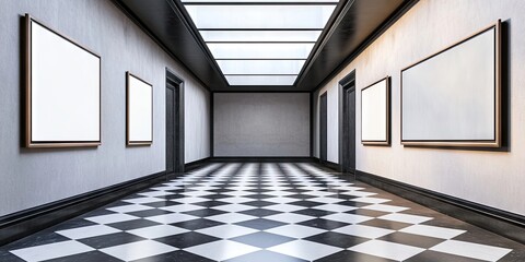 Minimalist exhibition corridor with blank display boards, checkered black and white floors, and an open skylight creating soft overhead lighting.