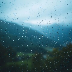 Rain droplets cover a window overlooking a misty mountain landscape during a cloudy day
