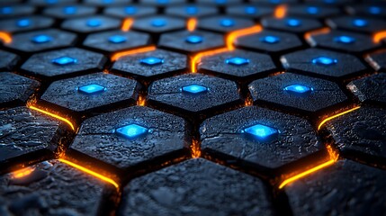 Obraz premium Illuminated hexagonal pattern digital environment abstract design dark background close-up view futuristic concept