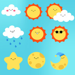 illustration of Weather forecast symbols emoticon character flat icon set.