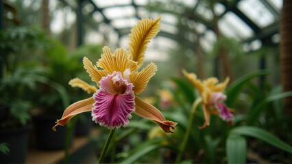Obraz premium Unique orchids bloom in lush greenhouse environment during daytime in vibrant colors