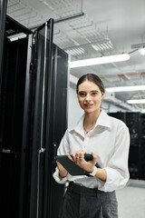 Fototapeta premium A woman in a white shirt works diligently in a sophisticated server room, overseeing systems.