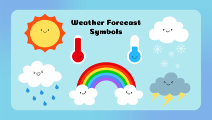 illustration of Weather forecast symbols emoticon character flat icon set.