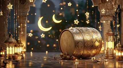 Ramadan Festive Drum with Golden Lanterns under the starry Night