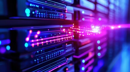 Naklejka premium Colorful Digital Data Flow in Modern Server Room Technology
