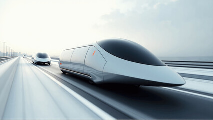 Obraz premium High-speed futuristic transportation vehicles on an open road in a modern setting