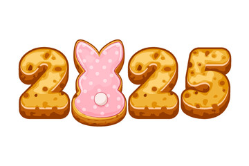 Gingerbread cookie numerals 2025 and bunny for your greeting card, stickers, invitations and many other designs. Sweet biscuit number and rabbit, Happy Easter.