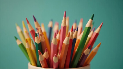 Fototapeta premium Colorful collection of pencils in a white container against a vibrant blue background showcasing artistic creativity